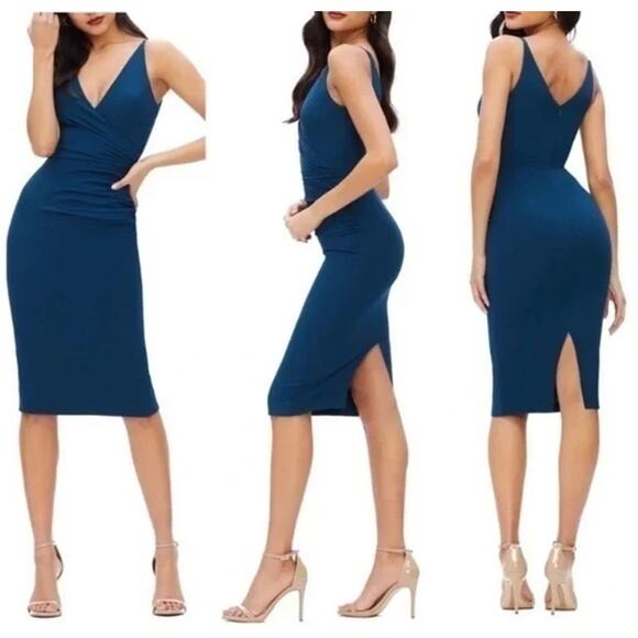 Dress The Population Anita Midi Dress V-Neck Ruched Crepe Sheath, Peacock Blue - Picture 5 of 16